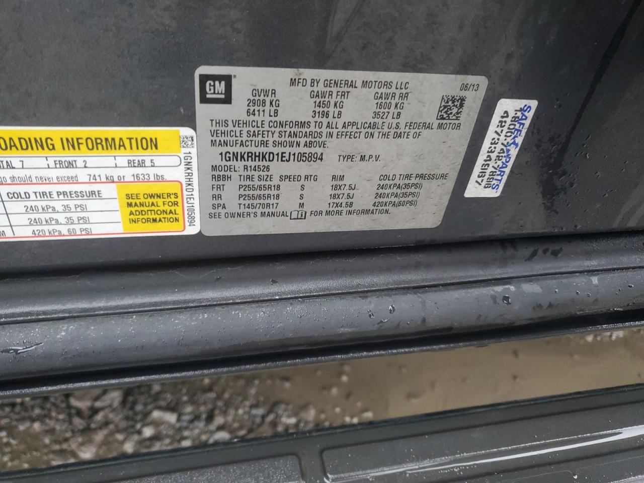 2014 Chevrolet Traverse VIN 1GNKRHKD1EJ105894 Copart auction photo, side damage thumbnail 13