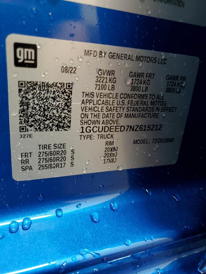 2022 Chevrolet Silverado VIN 1GCUDEED7NZ615212 Copart auction photo, side / rear end damage thumbnail 12