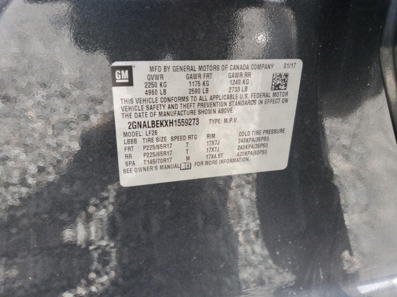 2017 Chevrolet Equinox VIN 2GNALBEKXH1559273 Copart auction photo, water/flood damage thumbnail 14