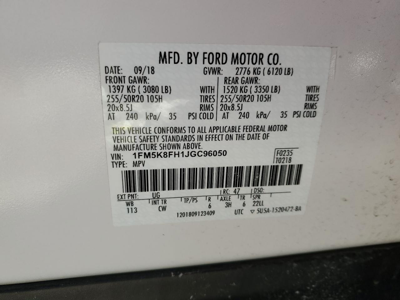 2018 Ford Explorer VIN 1FM5K8FH1JGC96050 Copart auction photo, front end damage thumbnail 12