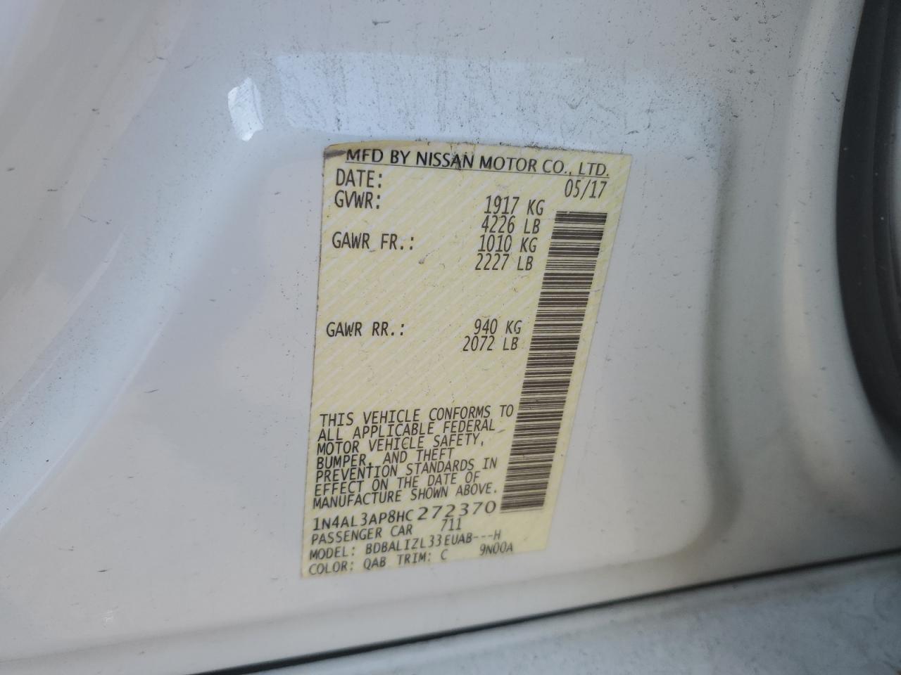 2017 Nissan Altima VIN 1N4AL3AP8HC272370 Copart auction photo, front end / minor dent/scratches damage thumbnail 12