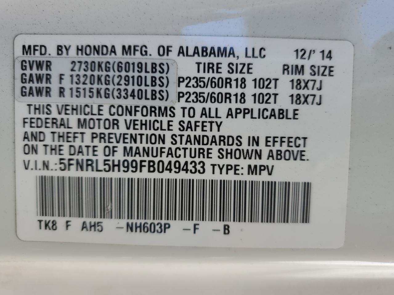 2015 Honda Odyssey VIN 5FNRL5H99FB049433 Copart auction photo, rear end / side damage thumbnail 13