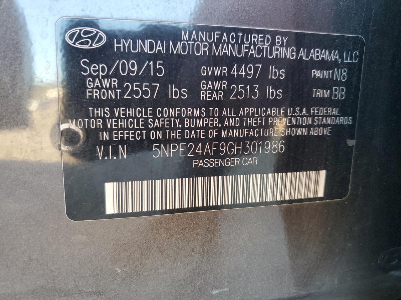 2016 Hyundai Sonata VIN 5NPE24AF9GH301986 Copart auction photo, side / minor dent/scratches damage thumbnail 14