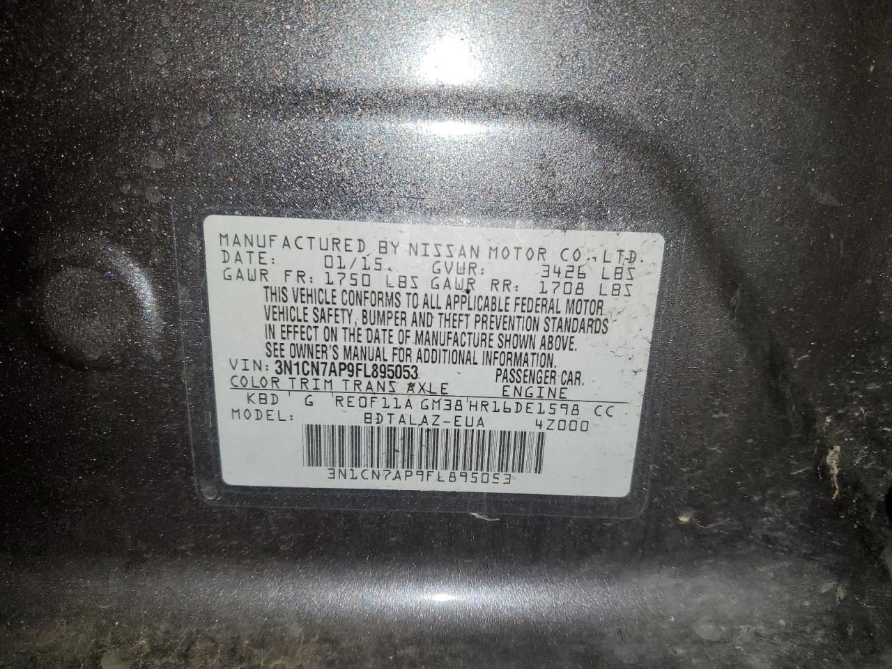 2015 Nissan Versa VIN 3N1CN7AP9FL895053 Copart auction photo, rear end damage thumbnail 12