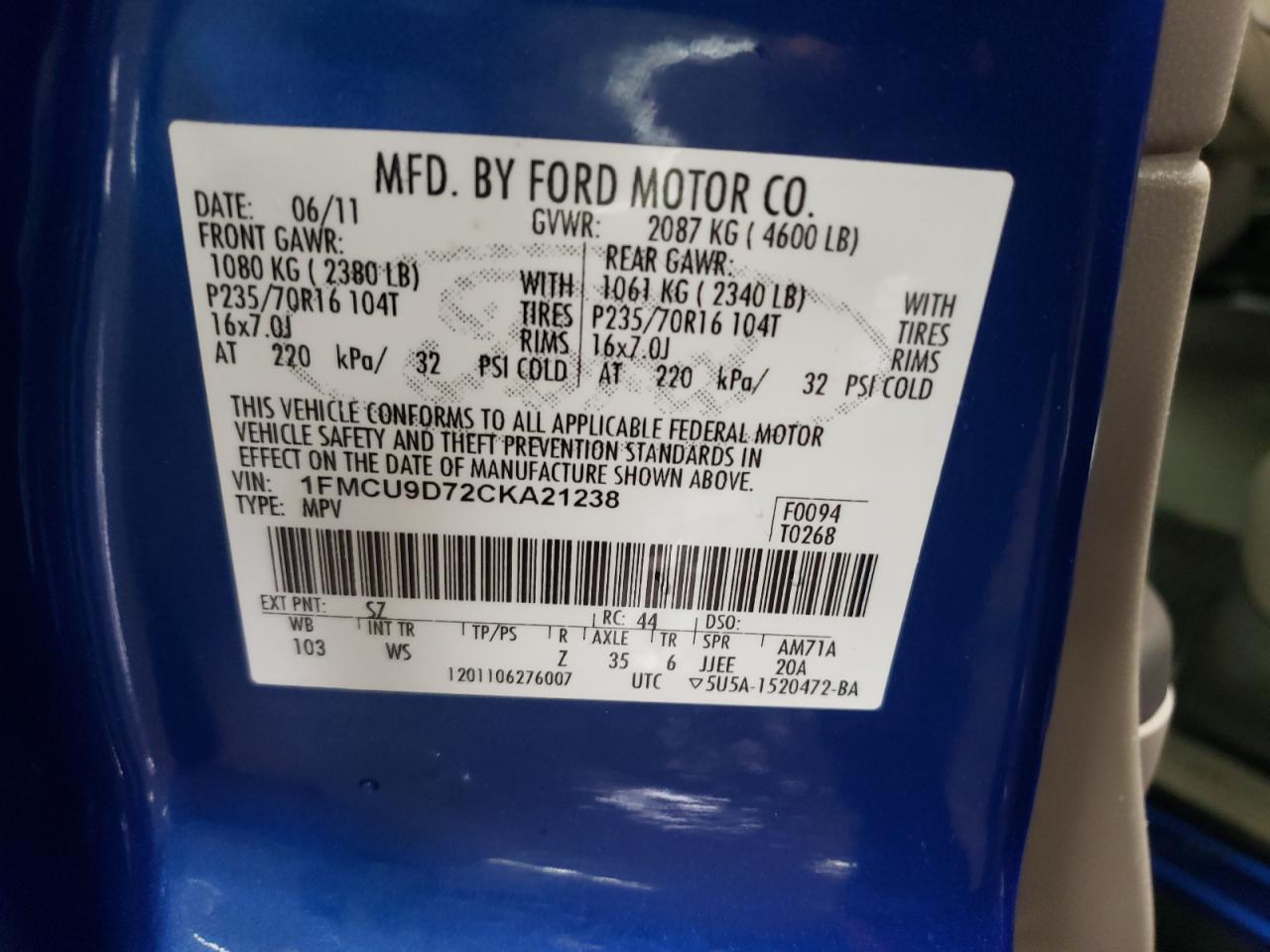 2012 Ford Escape VIN 1FMCU9D72CKA21238 Copart auction photo, rear end / minor dent/scratches damage thumbnail 12