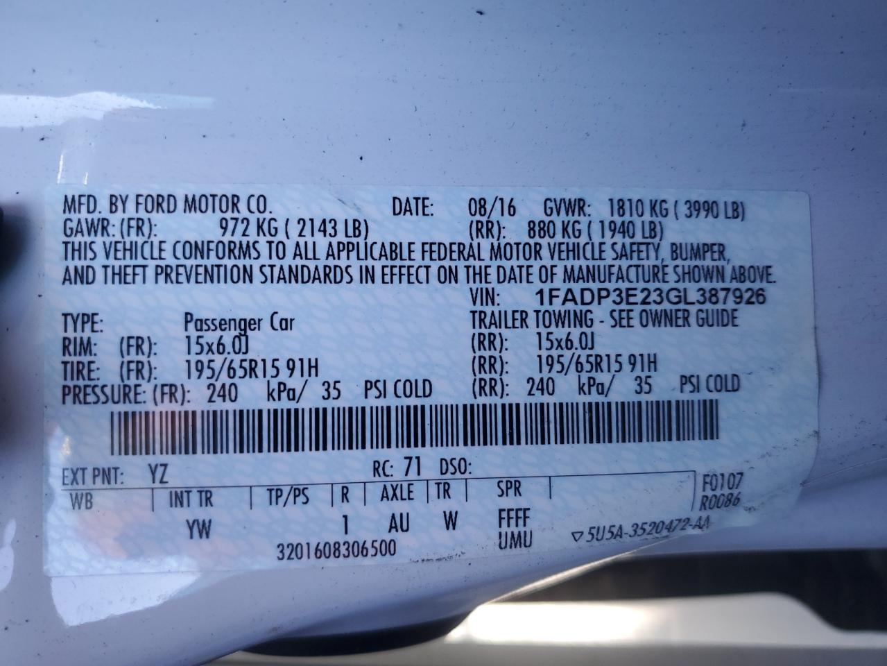 2016 Ford Focus VIN 1FADP3E23GL387926 Copart auction photo, mechanical / rear end damage thumbnail 12