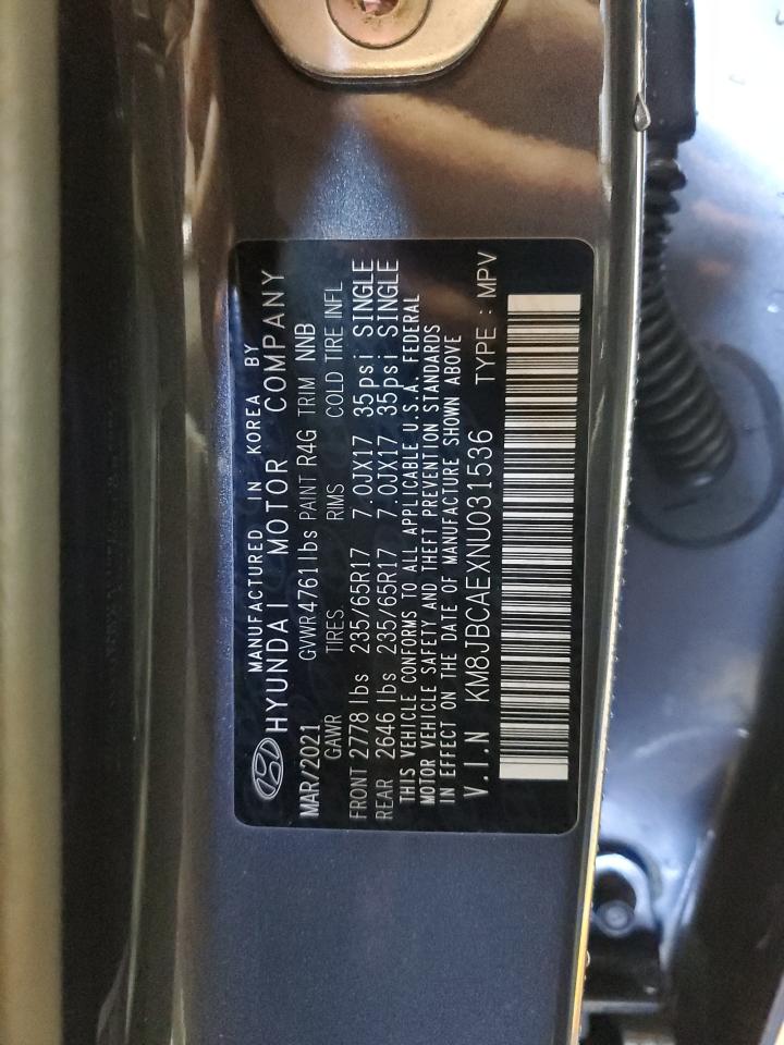 2022 Hyundai Tucson VIN KM8JBCAEXNU031536 Copart auction photo, front end / side damage thumbnail 14