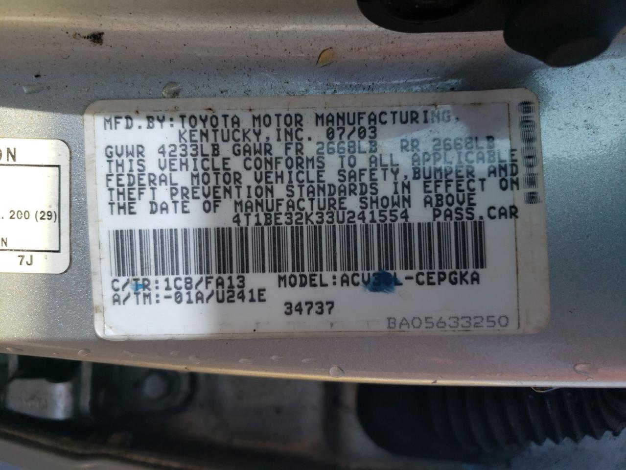 2003 Toyota Camry VIN 4T1BE32K33U241554 Copart auction photo, front end / rear end damage thumbnail 13