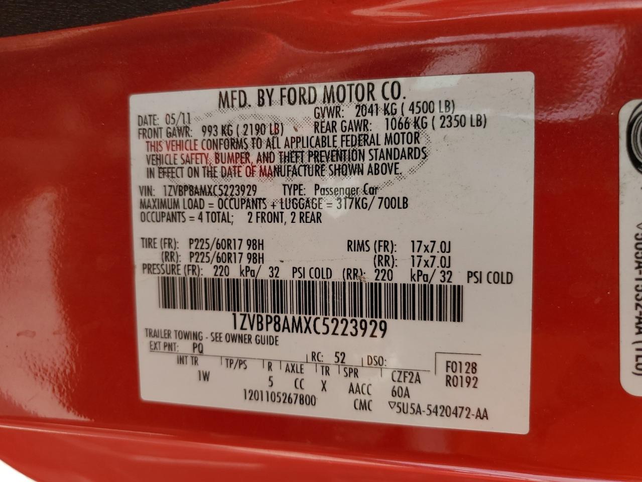 2012 Ford Mustang VIN 1ZVBP8AMXC5223929 Copart auction photo, front end damage thumbnail 13