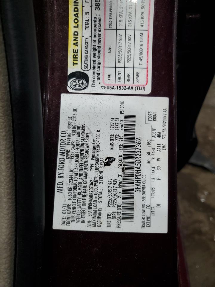 2011 Ford Fusion VIN 3FAHP0HA5BR237362 Copart auction photo, front end / hail damage thumbnail 12