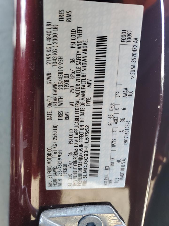 2017 Lincoln MKC VIN 5LMCJ3C93HUL57952 Copart auction photo, top/roof damage thumbnail 13