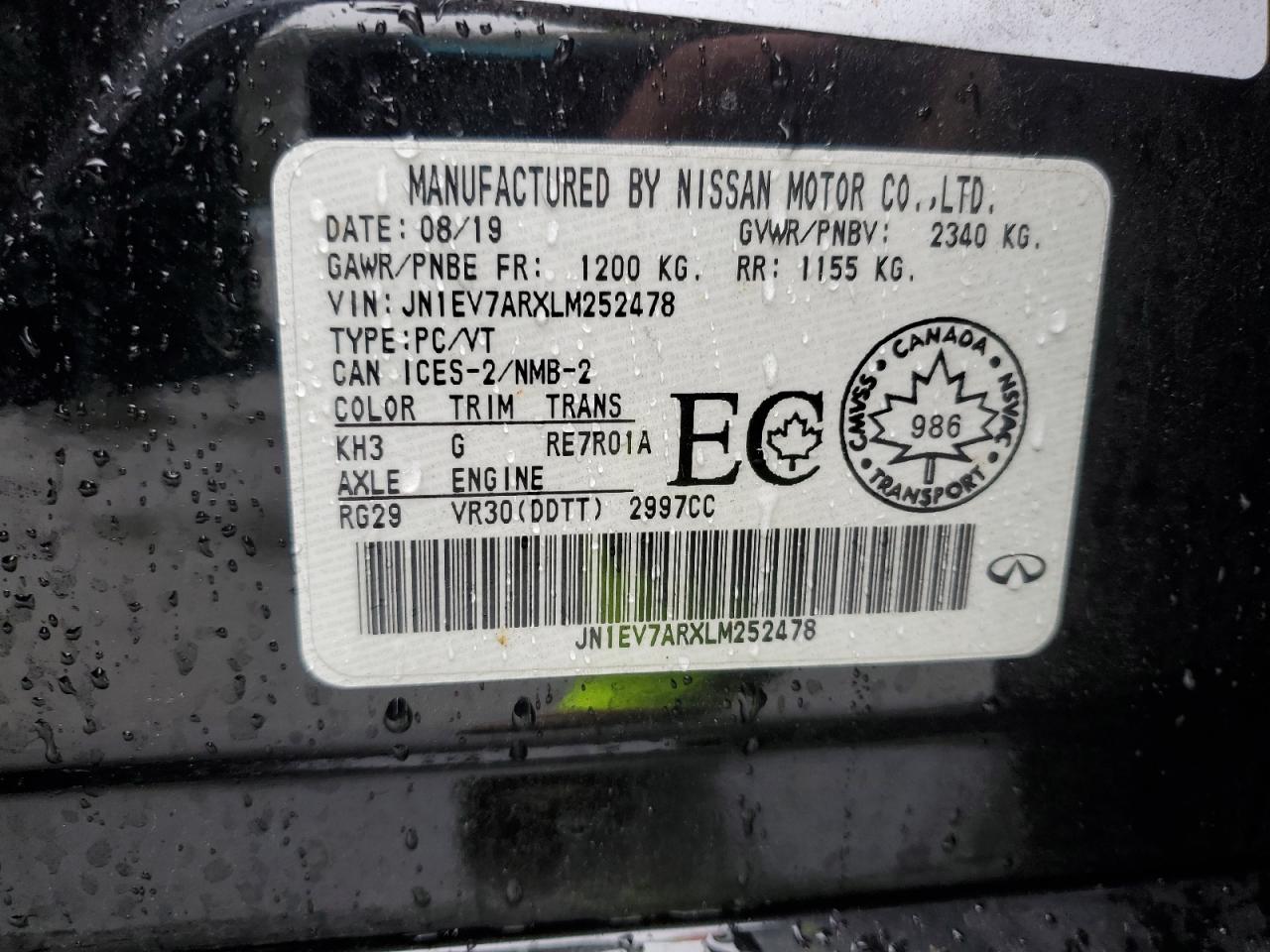 2020 Infiniti Q50 VIN JN1EV7ARXLM252478 Copart auction photo, rollover / side damage thumbnail 13