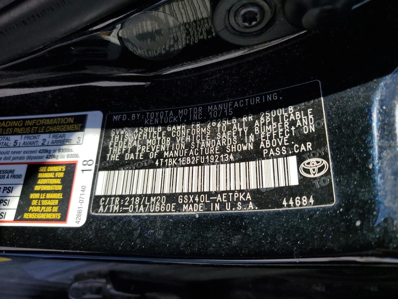 2015 Toyota Avalon VIN 4T1BK1EB2FU192134 Copart auction photo, front end / minor dent/scratches damage thumbnail 13