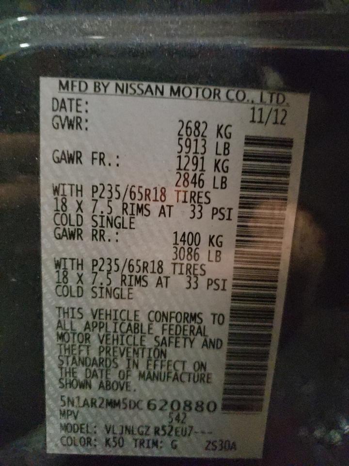 2013 Nissan Pathfinder VIN 5N1AR2MM5DC620880 Copart auction photo, side / front end damage thumbnail 14