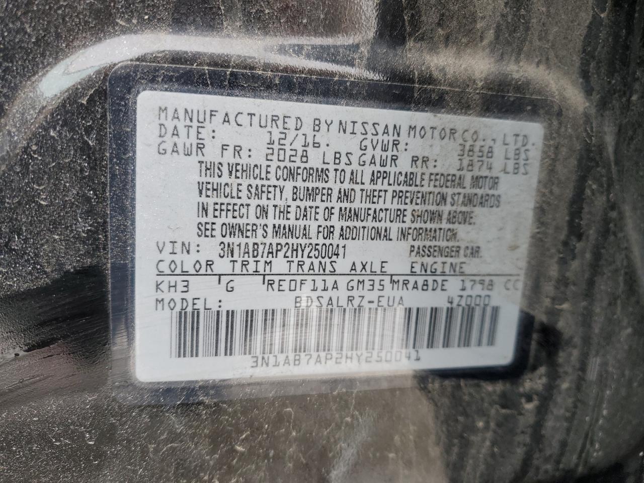 2017 Nissan Sentra VIN 3N1AB7AP2HY250041 Copart auction photo, front end / side damage thumbnail 13