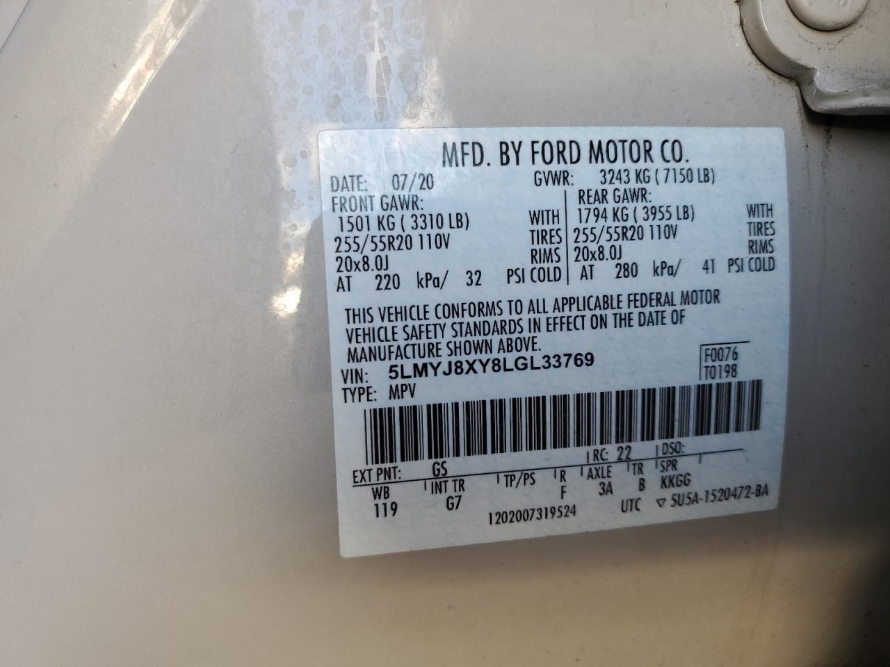 2020 Lincoln Aviator VIN 5LMYJ8XY8LGL33769 Copart auction photo, front end / minor dent/scratches damage thumbnail 14