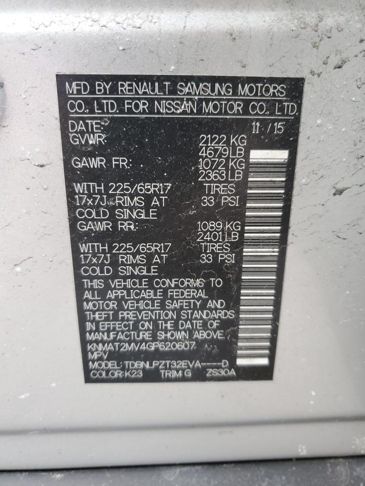2016 Nissan Rogue VIN KNMAT2MV4GP620607 Copart auction photo, front end / side damage thumbnail 14