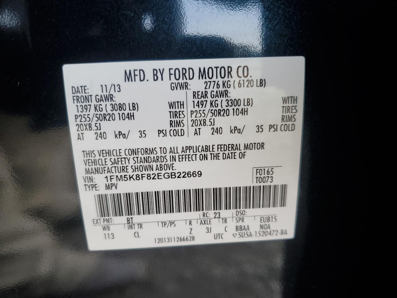 2014 Ford Explorer VIN 1FM5K8F82EGB22669 Copart auction photo, side damage thumbnail 13