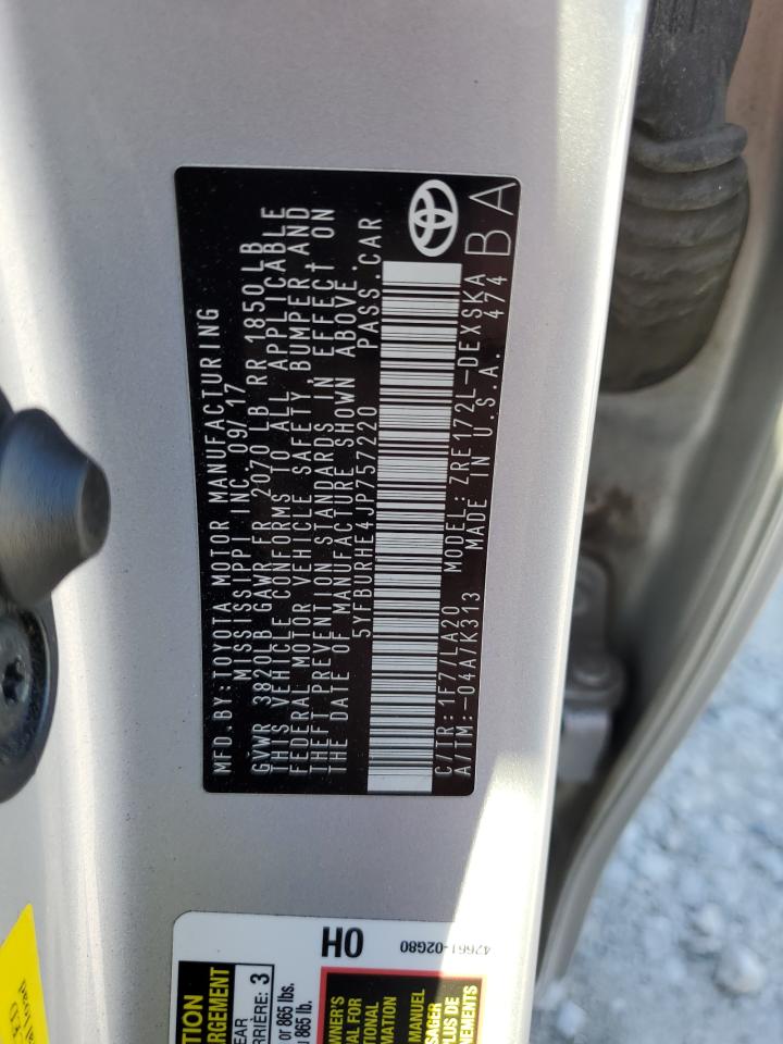 2018 Toyota Corolla VIN 5YFBURHE4JP757220 Copart auction photo, front end / side damage thumbnail 13