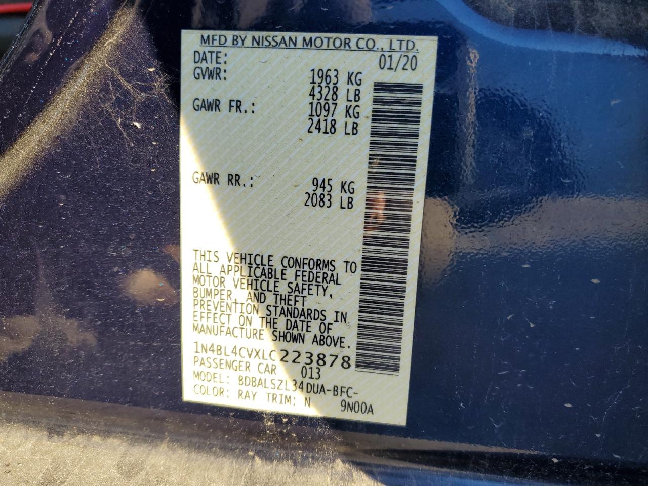 2020 Nissan Altima VIN 1N4BL4CVXLC223878 Copart auction photo, side damage thumbnail 12