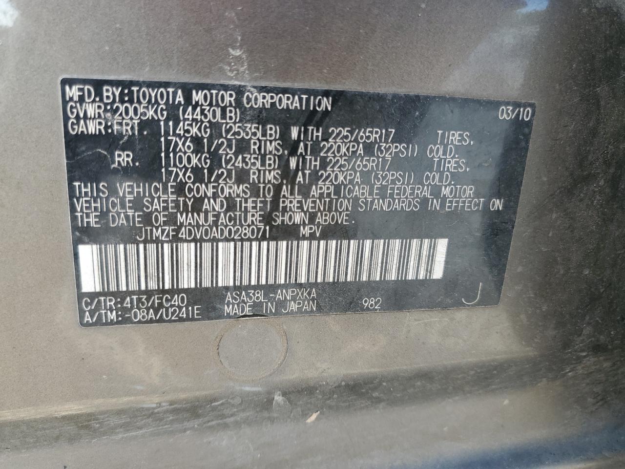 2010 Toyota RAV 4 VIN JTMZF4DV0AD028071 Copart auction photo, side / front end damage thumbnail 13