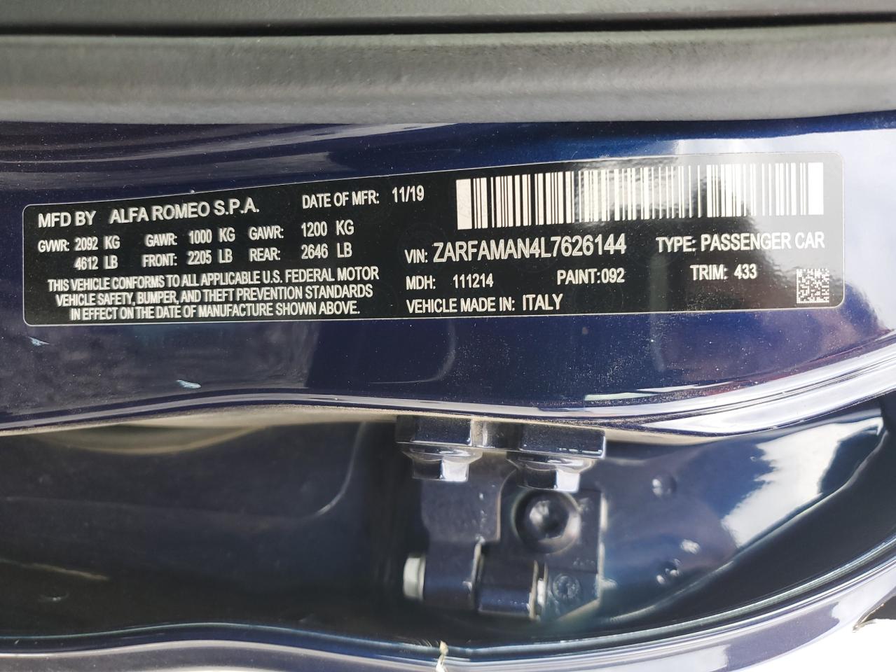2020 Alfa Romeo Giulia VIN ZARFAMAN4L7626144 Copart auction photo, all over damage thumbnail 14