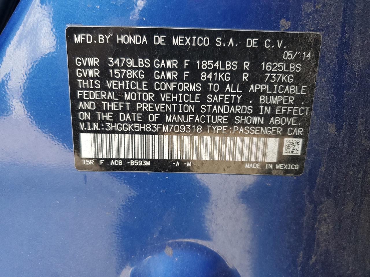 2015 Honda Fit VIN 3HGGK5H83FM709318 Copart auction photo, front end / side damage thumbnail 14