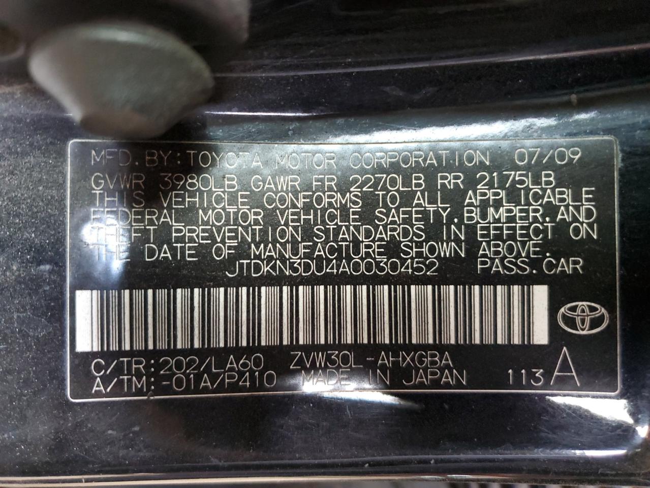 2010 Toyota Prius VIN JTDKN3DU4A0030452 Copart auction photo, rear end damage thumbnail 12