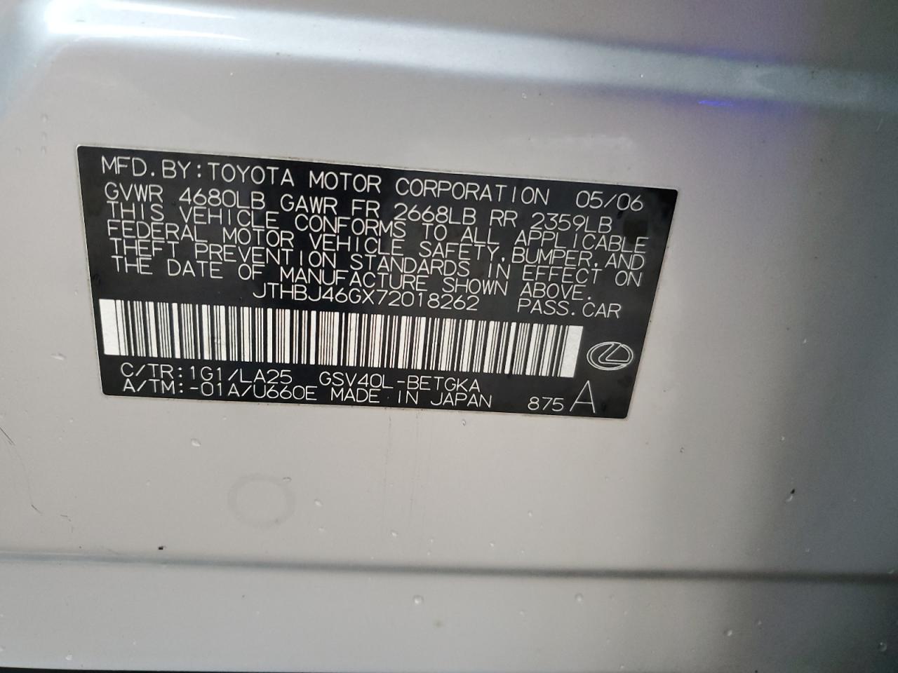 2007 Lexus ES VIN JTHBJ46GX72018262 Copart auction photo, rear end / mechanical damage thumbnail 12