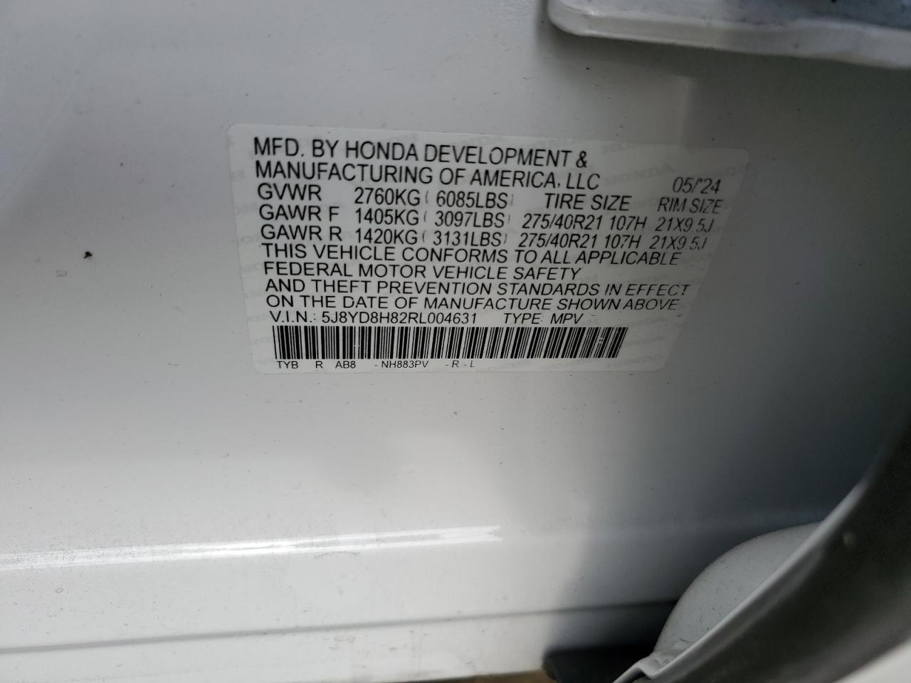 2024 Acura MDX VIN 5J8YD8H82RL004631 Copart auction photo, front end damage thumbnail 15