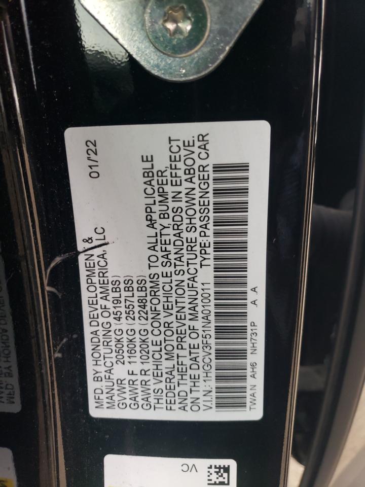 2022 Honda Accord VIN 1HGCV3F51NA010011 Copart auction photo, front end / minor dent/scratches damage thumbnail 12
