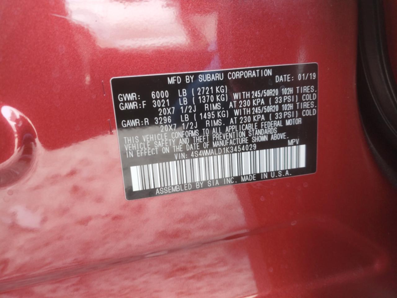 2019 Subaru Ascent VIN 4S4WMALD1K3454029 Copart auction photo, undercarriage / front end damage thumbnail 16