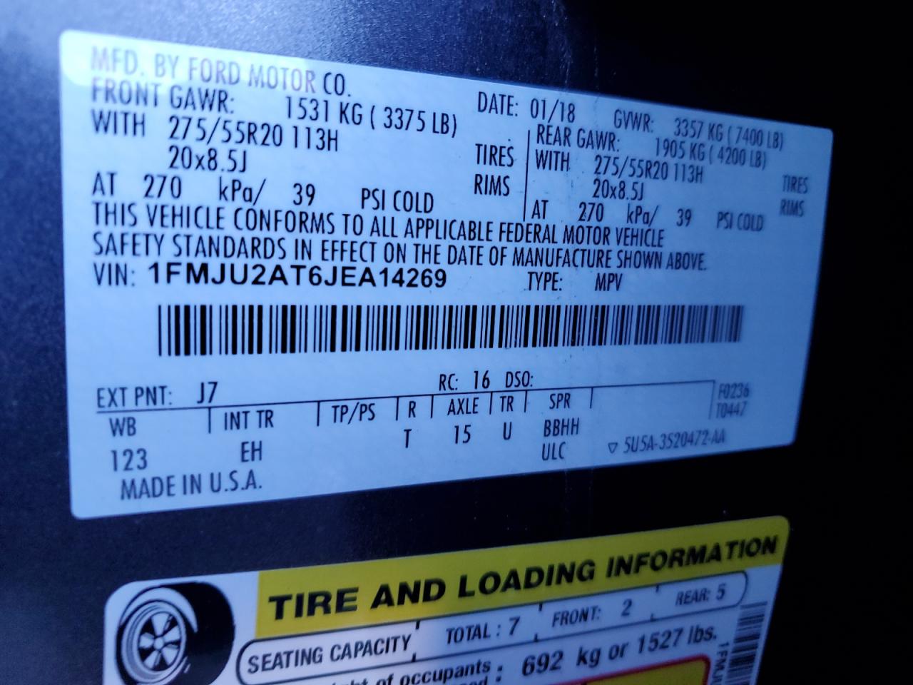 2018 Ford Expedition VIN 1FMJU2AT6JEA14269 Copart auction photo, front end damage thumbnail 13