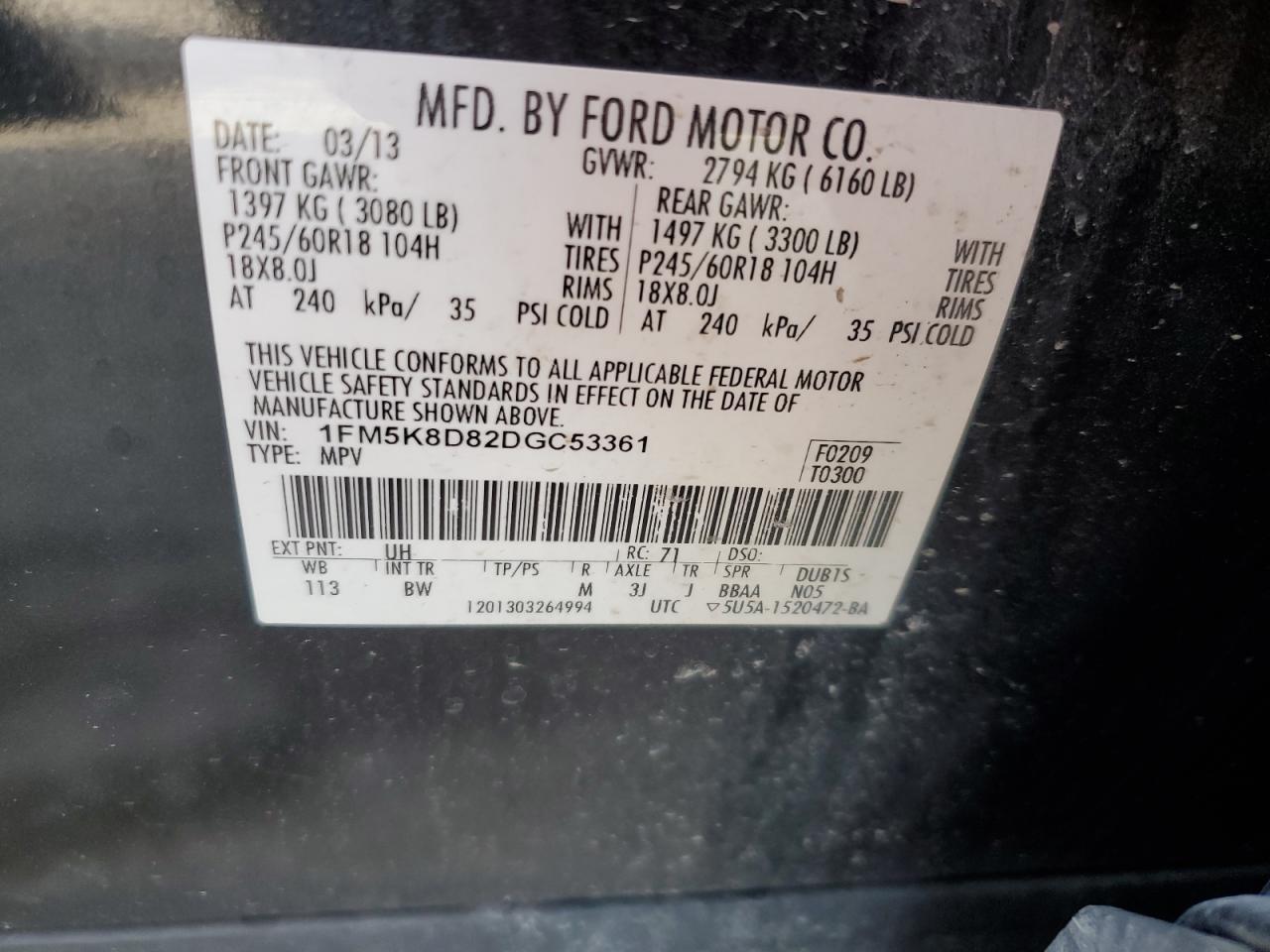 2013 Ford Explorer VIN 1FM5K8D82DGC53361 Copart auction photo, front end damage thumbnail 13