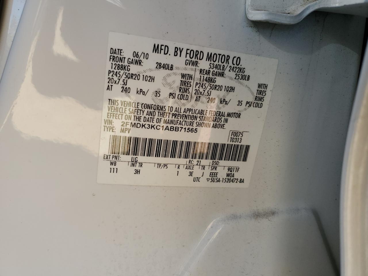 2010 Ford Edge VIN 2FMDK3KC1ABB71565 Copart auction photo, front end damage thumbnail 13