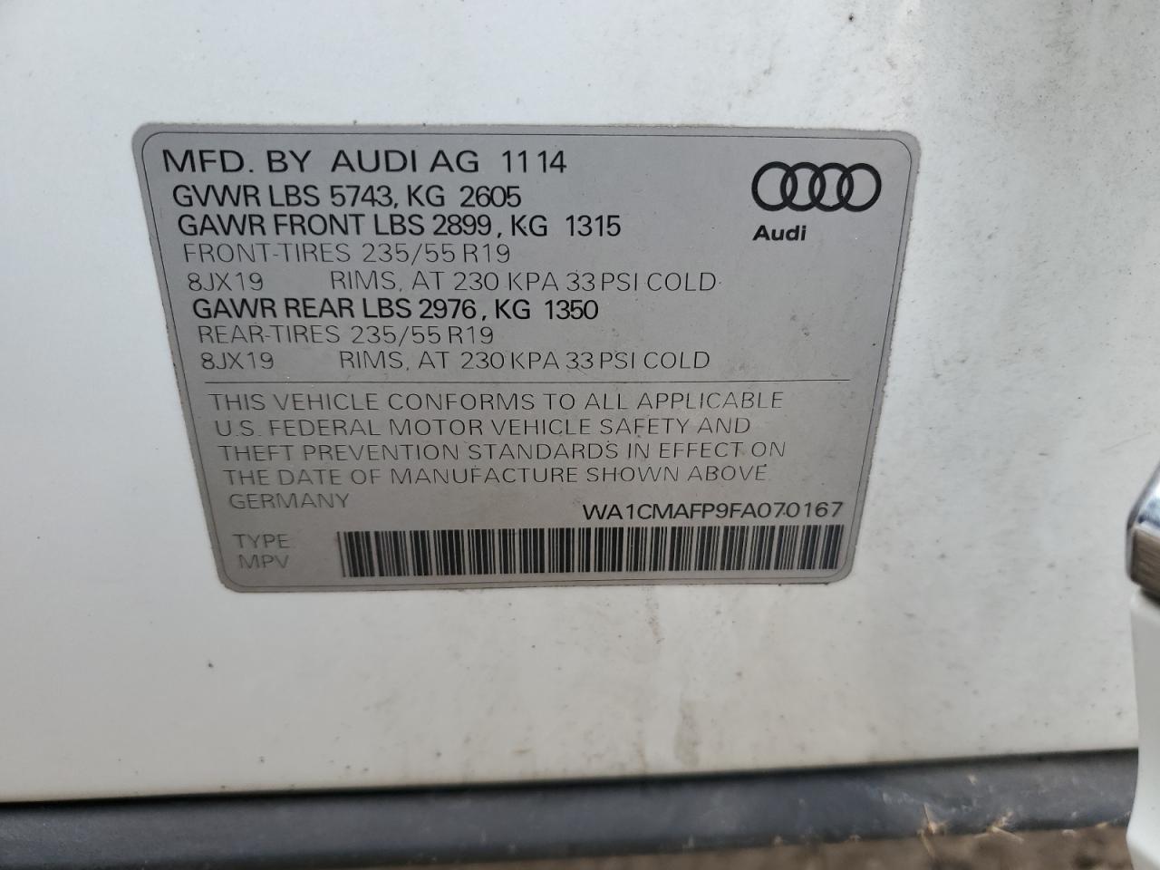 2015 Audi Q5 VIN WA1CMAFP9FA070167 Copart auction photo, normal wear damage thumbnail 12