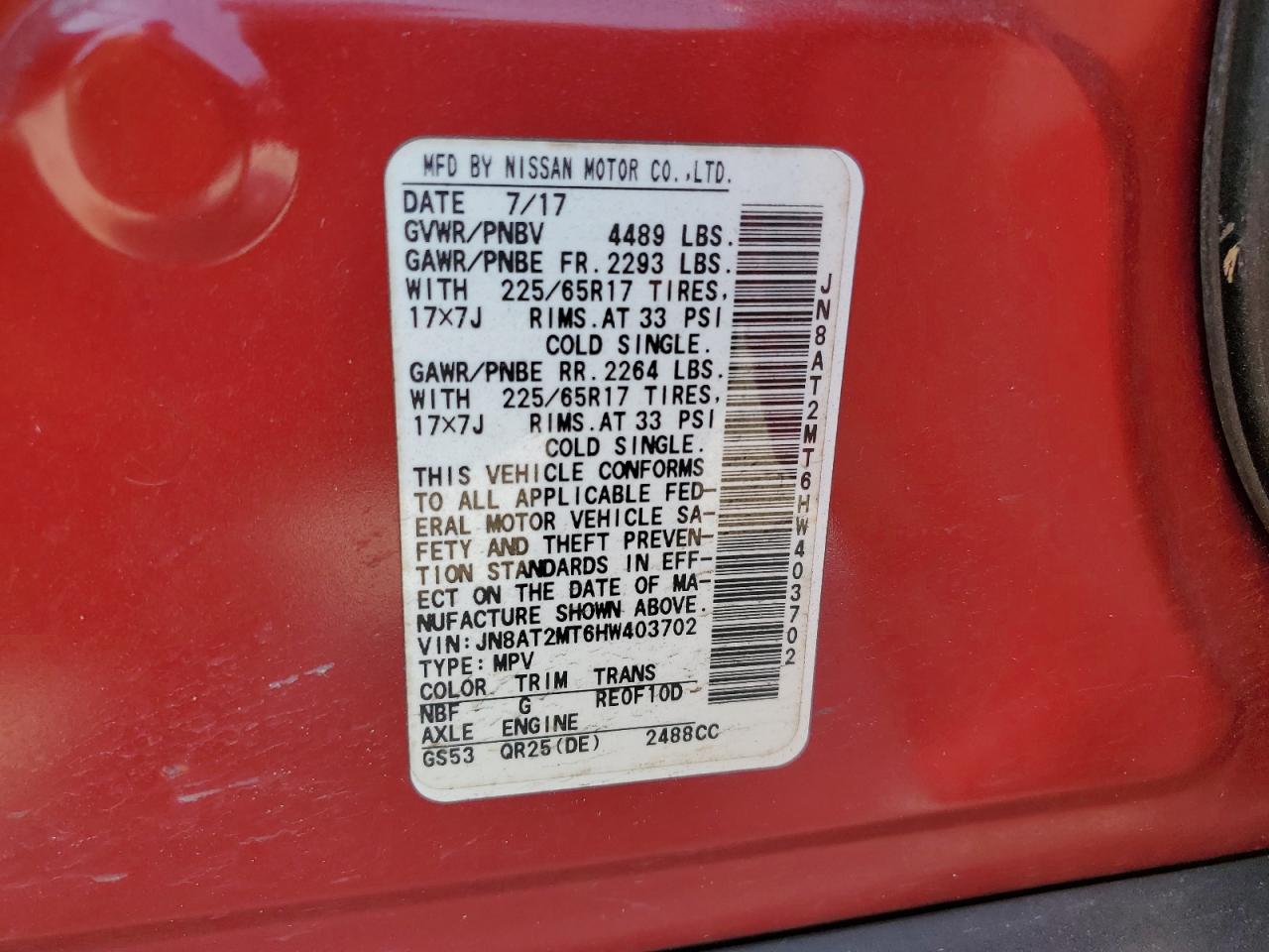 2017 Nissan Rogue VIN JN8AT2MT6HW403702 Copart auction photo, all over damage thumbnail 15