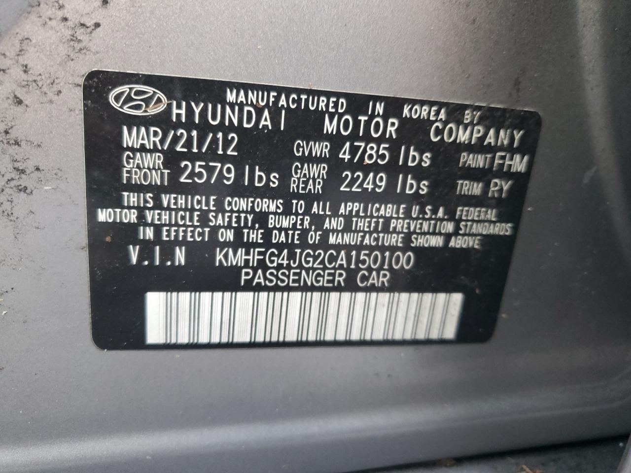 2012 Hyundai Azera VIN KMHFG4JG2CA150100 Copart auction photo, water/flood damage thumbnail 13