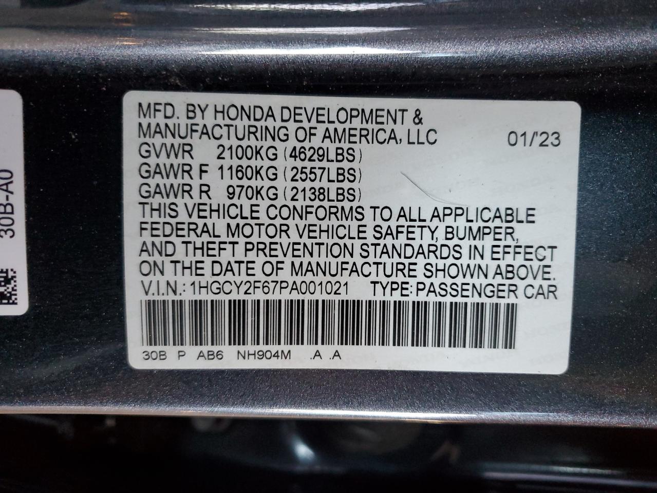 2023 Honda Accord VIN 1HGCY2F67PA001021 Copart auction photo, rear end / side damage thumbnail 14