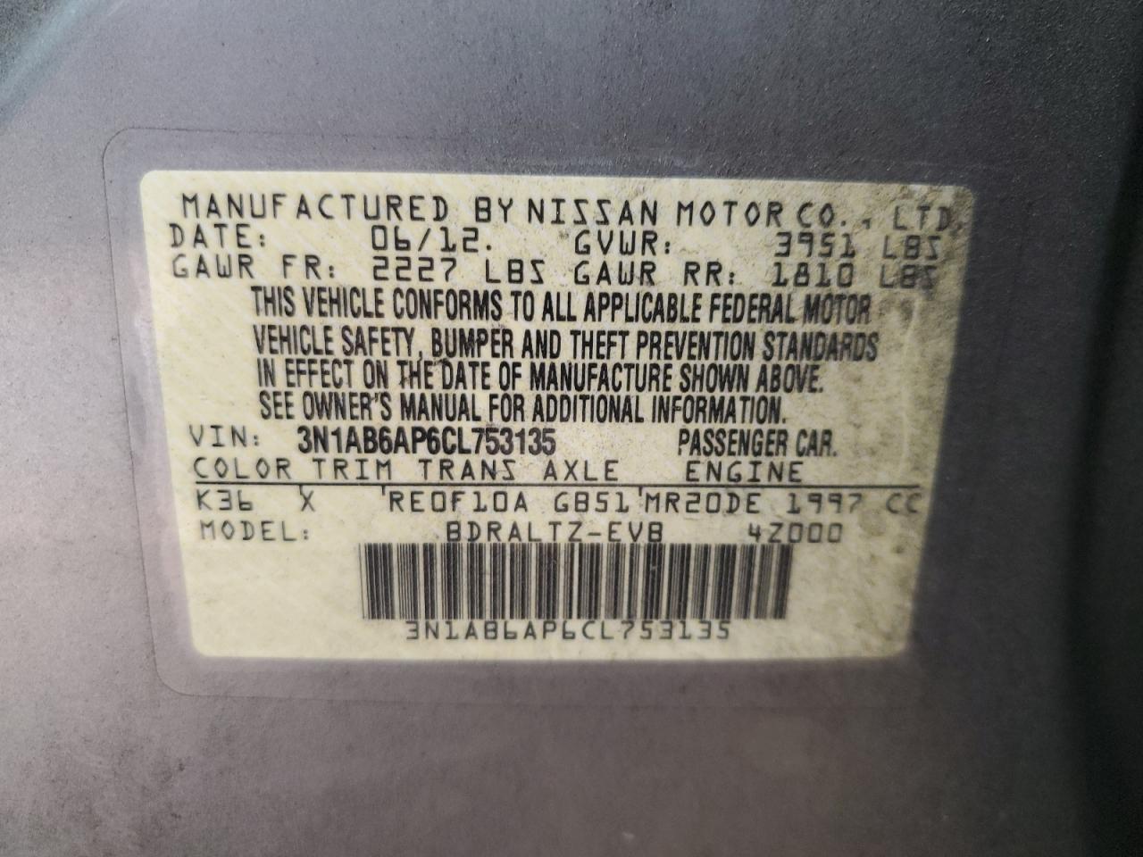 2012 Nissan Sentra VIN 3N1AB6AP6CL753135 Copart auction photo, front end damage thumbnail 13