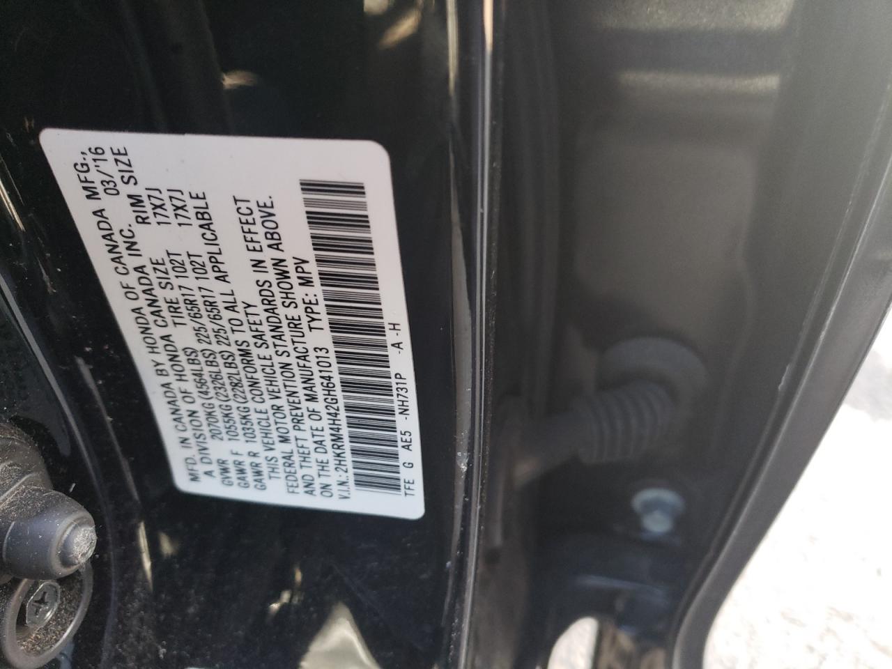 2016 Honda CR-V VIN 2HKRM4H42GH641013 Copart auction photo, side / front end damage thumbnail 15