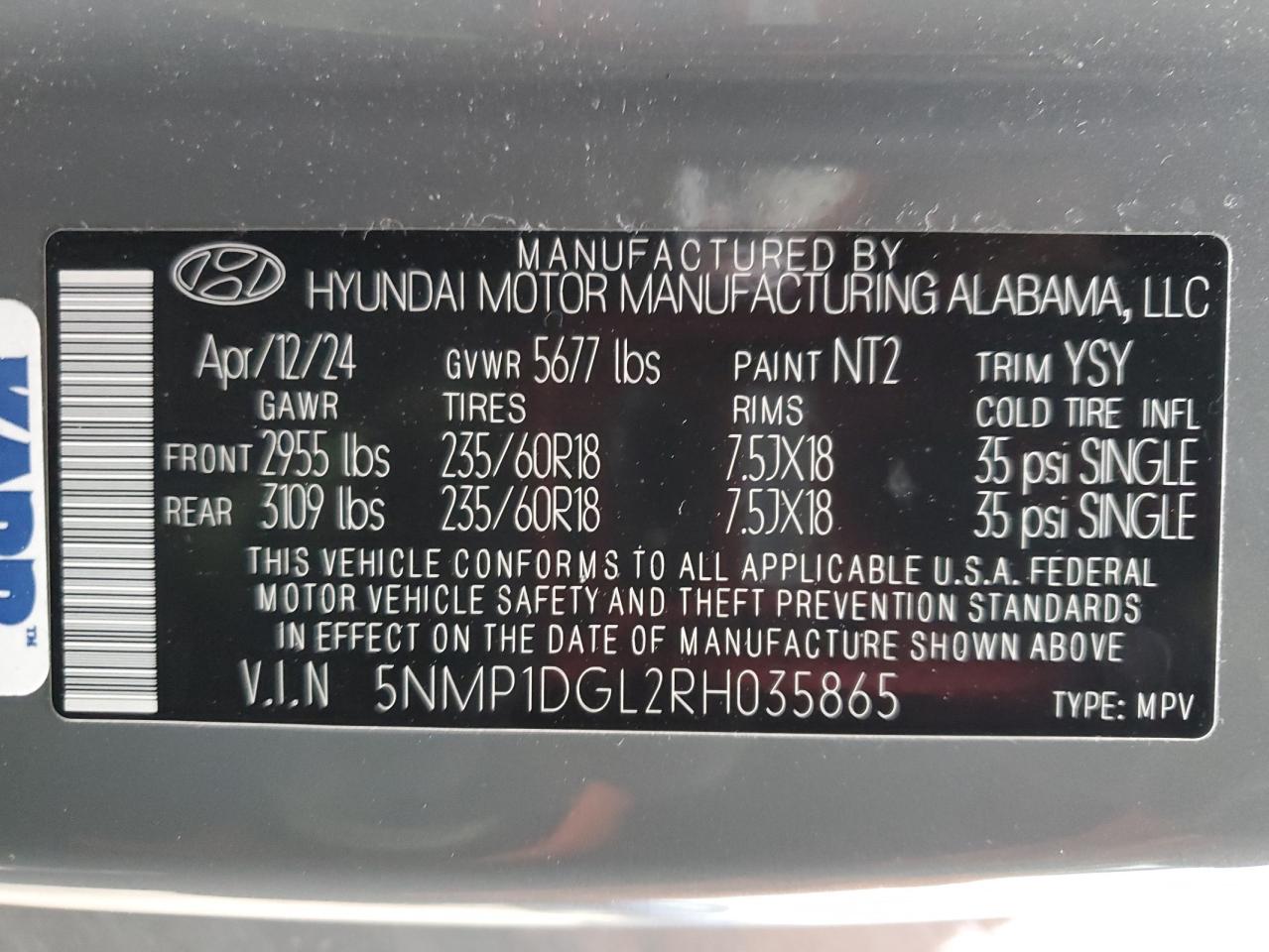2024 Hyundai Santa Fe VIN 5NMP1DGL2RH035865 Copart auction photo, front end / side damage thumbnail 13