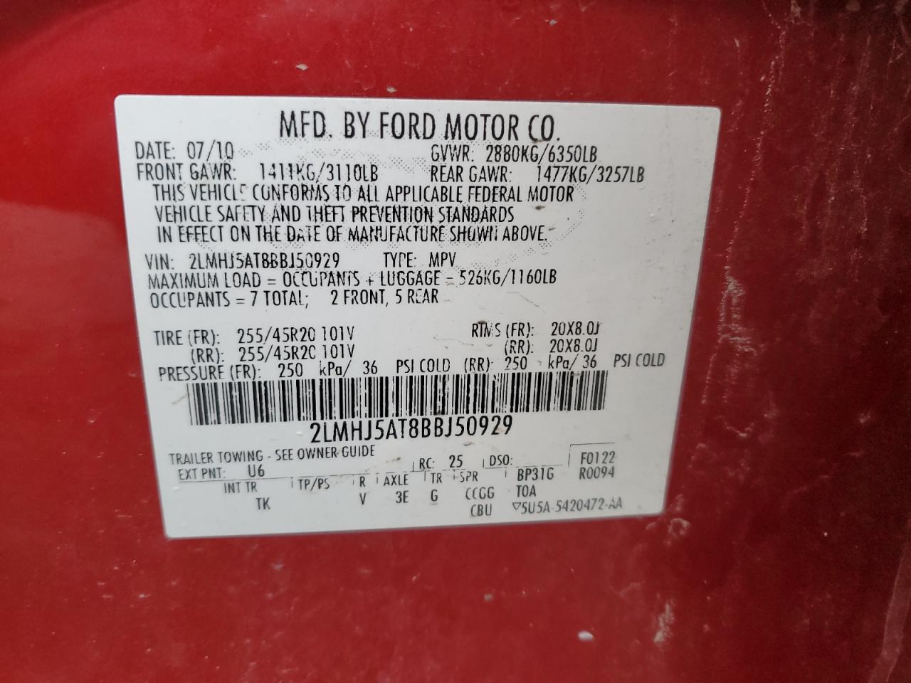 2011 Lincoln MKT VIN 2LMHJ5AT8BBJ50929 Copart auction photo, front end damage thumbnail 13