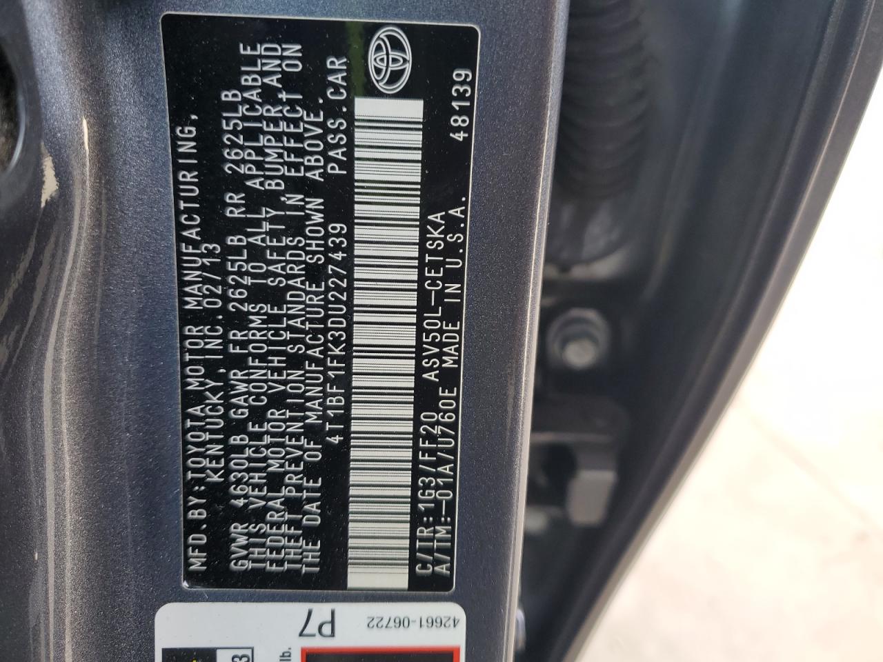 2013 Toyota Camry VIN 4T1BF1FK3DU227439 Copart auction photo, rear end damage thumbnail 12