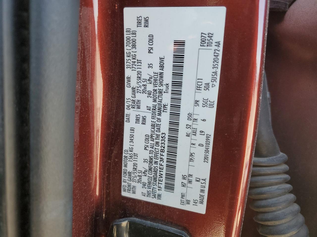 2015 Ford F-150 VIN 1FTEW1EF3FFB23353 Copart auction photo, front end / side damage thumbnail 12