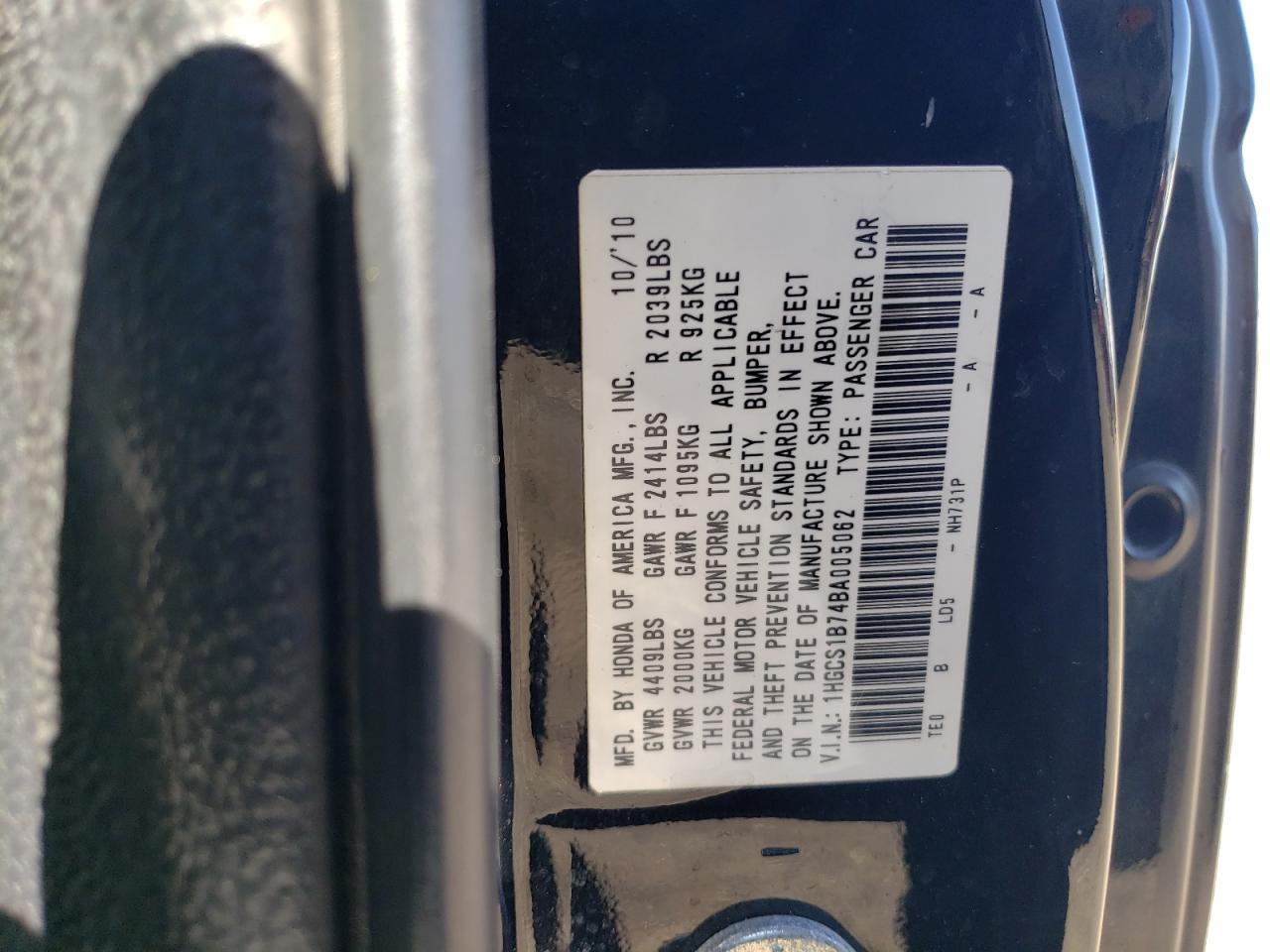2011 Honda Accord VIN 1HGCS1B74BA005062 Copart auction photo, front end / minor dent/scratches damage thumbnail 14