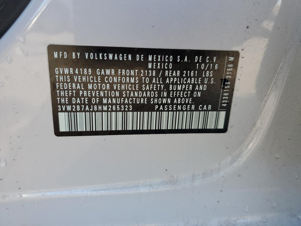 2017 Volkswagen Jetta VIN 3VW2B7AJ8HM265323 Copart auction photo, front end / side damage thumbnail 12
