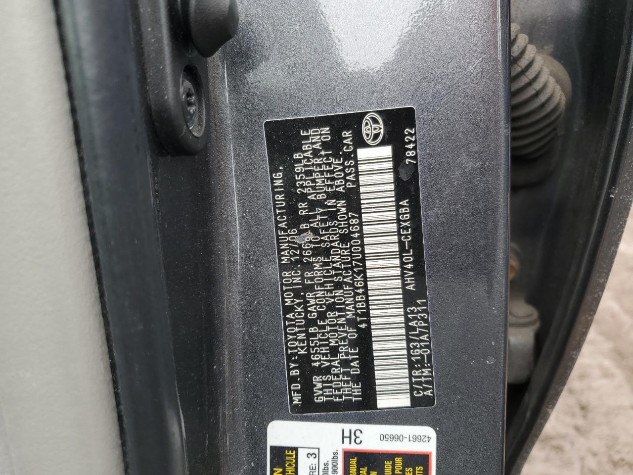 2007 Toyota Camry VIN 4T1BB46K17U004687 Copart auction photo, rear end / minor dent/scratches damage thumbnail 12