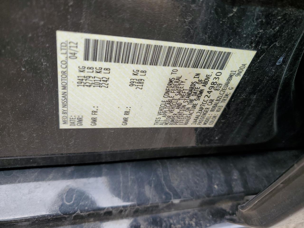 2012 Nissan Altima VIN 1N4AL2AP7CC249830 Copart auction photo, front end damage thumbnail 13
