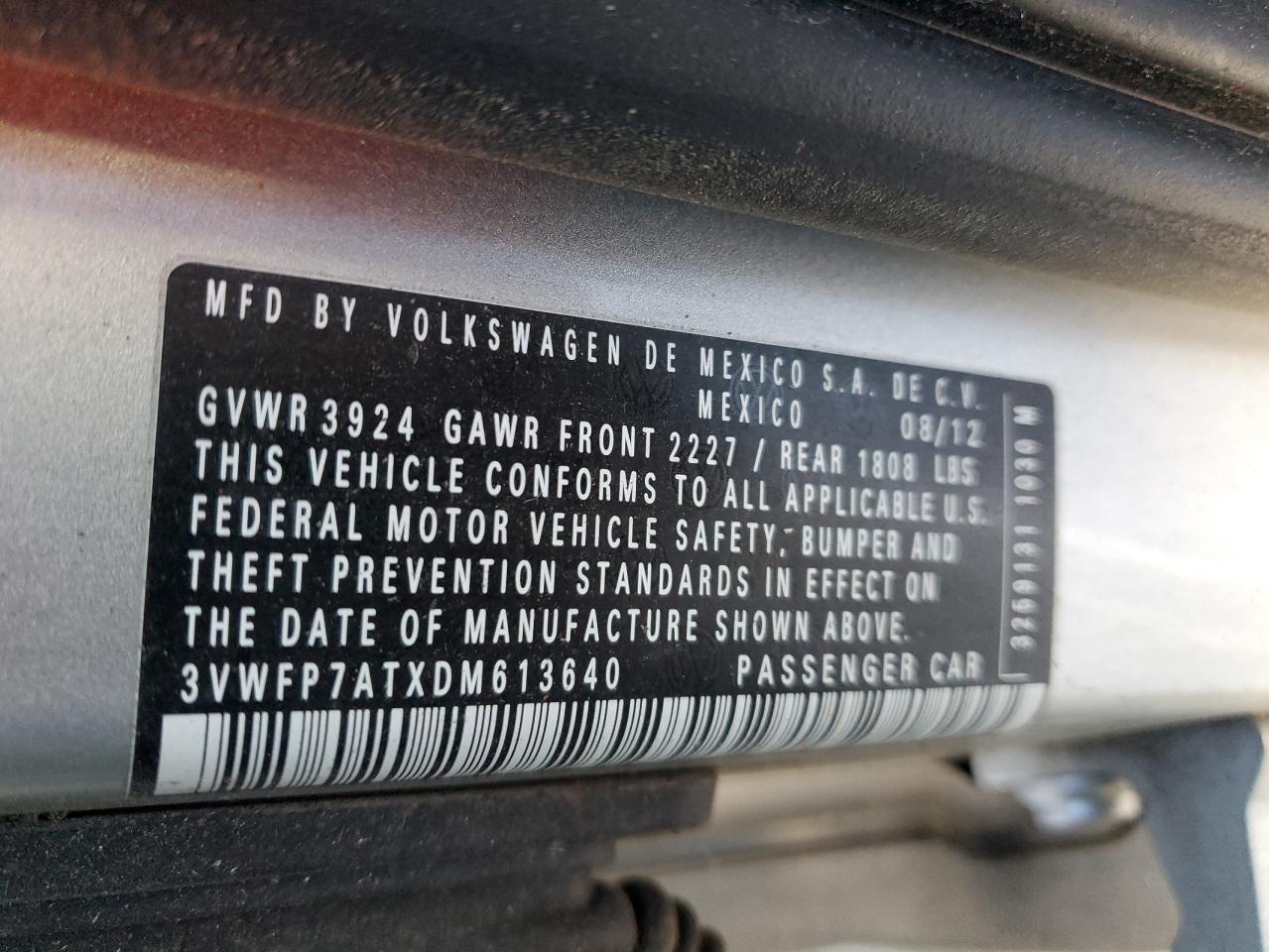 2013 Volkswagen Beetle VIN 3VWFP7ATXDM613640 Copart auction photo, front end damage thumbnail 12